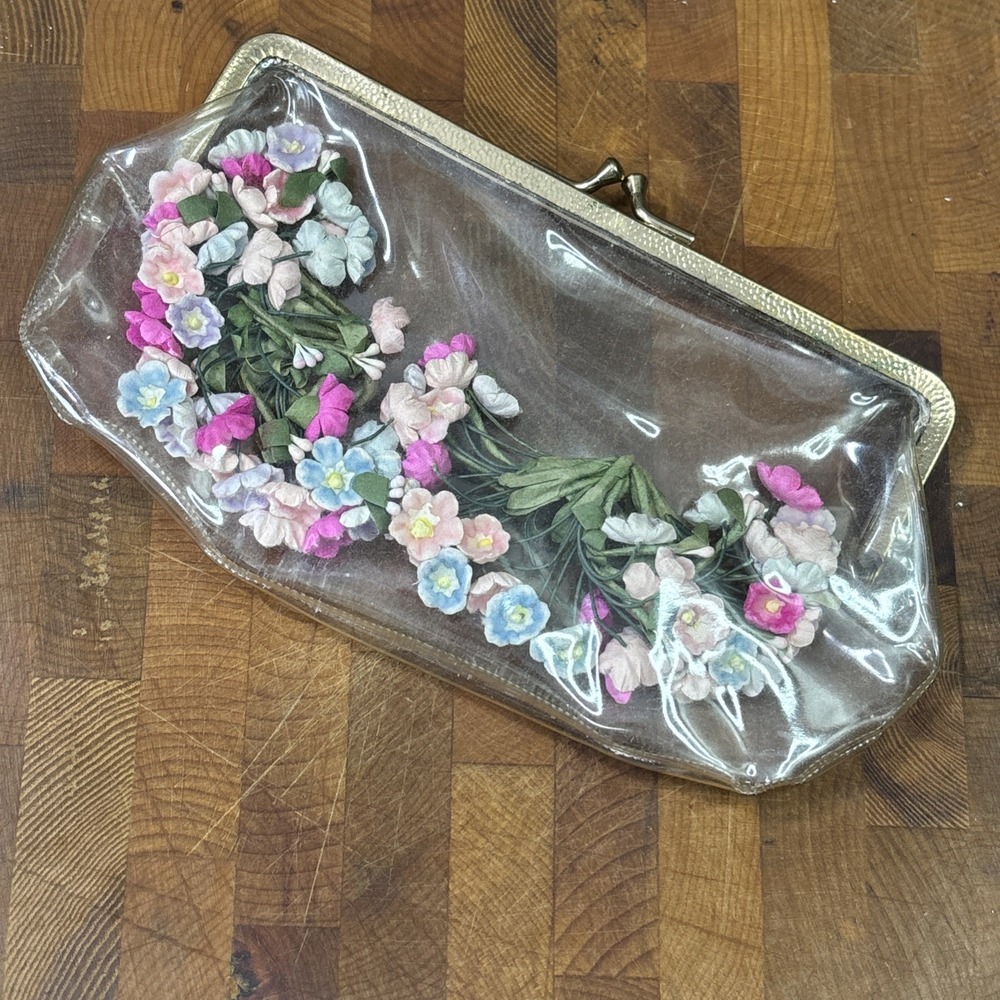 Vintage 1950s Clear Plastic Floral Clutch Purse 3D Flowers Vinyl Handbag